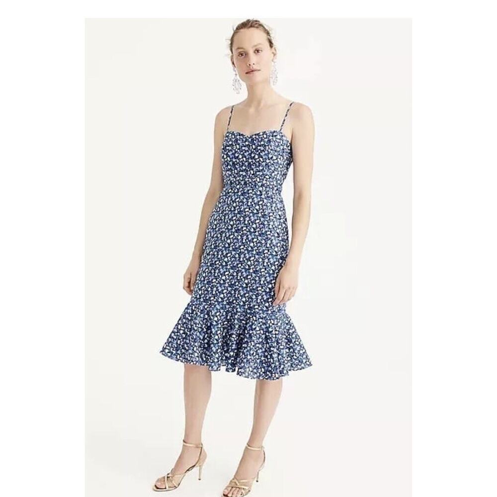J. Crew Liberty Dress Midi Women’s 12 Blue Dark Romantic Resortwear Preppy Chic